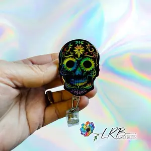 Sugar Skull Badge ~ Retractable ID Badge Holder ~ Customizable ~ Handmade ~ Nurse Badge Reel ~ Teacher Lanyard ~ Magnetic Pin ~ Stethoscope Tag ~ Magnet ~ Phone Grip