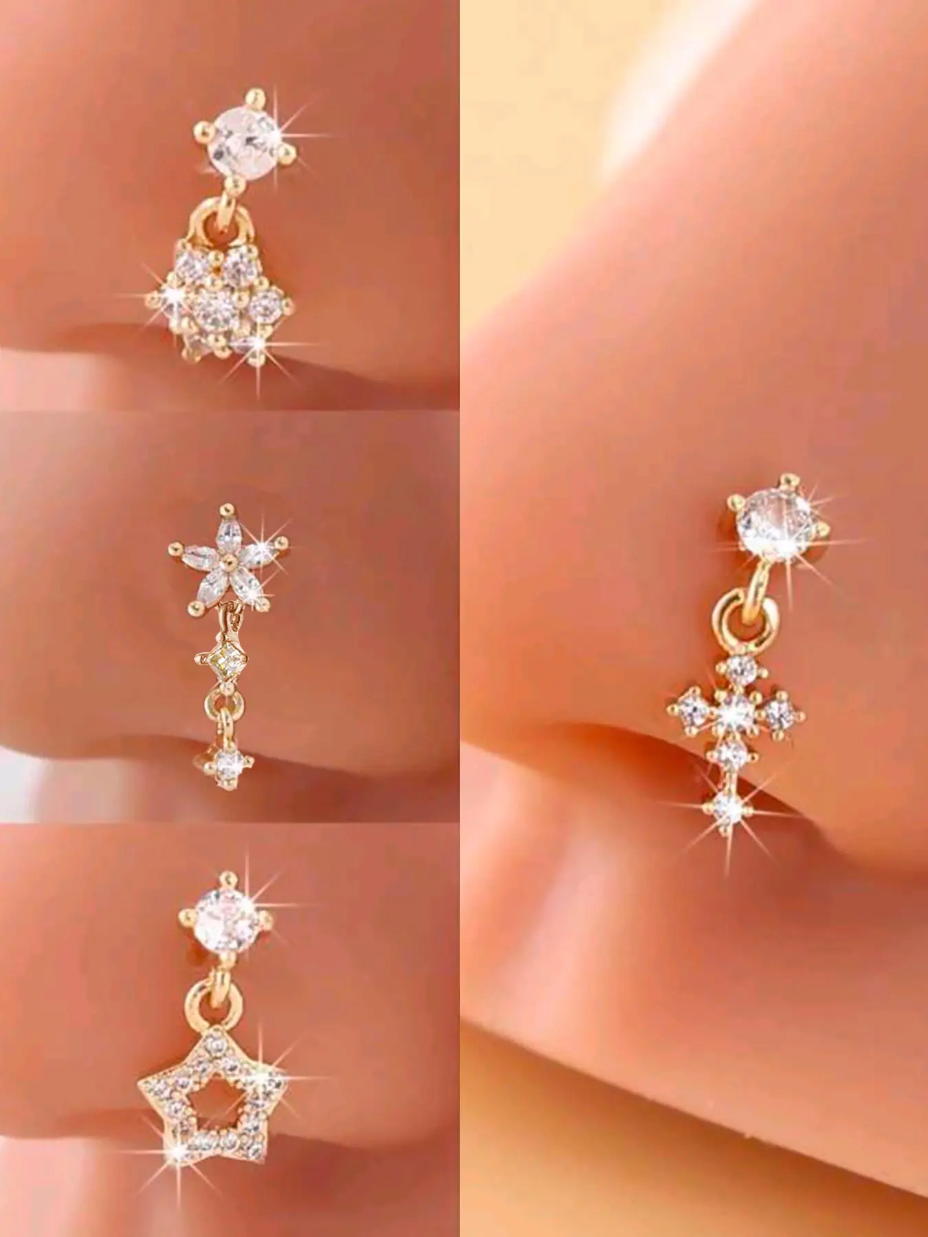 4 Piece Star & Cross Nose Rings Set, Nose Ring Body Piercing Jewelry, Synthetic Zircon Inlay, Copper Chain, Elegant Design, Perfect Gift for All Seasons