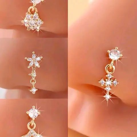 4 Piece Star & Cross Nose Rings Set, Nose Ring Body Piercing Jewelry, Synthetic Zircon Inlay, Copper Chain, Elegant Design, Perfect Gift for All Seasons, Body Jewellery