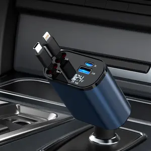 GLILAVOX! Retractable Car Charger, 4 in 1 Fast Car Phone Charger 60W, Retractable Cables and 2 USB Ports Car Charger Adapter,Retractable Type C and Lightning Cords Compatible with iPhone 16/15/14/13/12 Pro Max,iPad,Galaxy S23/S22/S21