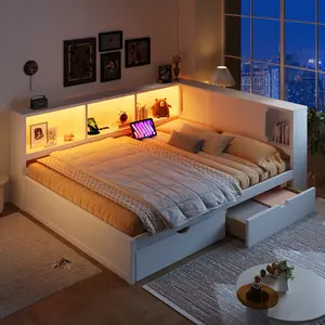 Queen Size Corner Bed with Storage Drawers, Bookcase, L Shaped Daybed with LED Lights & USB Ports, Wood Day Bed Frame with Bookcase Headboard for Living Room Bedroom, White