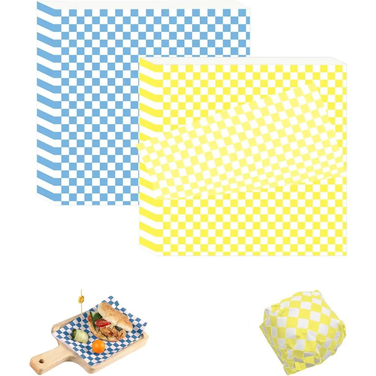 Sandwich Wrap Paper - 120 Pieces  12x12 Inch Checkered Wax Sheets for Bread Sandwiches Fries Blue+Yellow