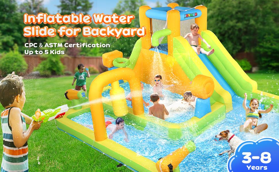 JOYMOR Inflatable Water Slide Park w/ 83x40 in Deep Swimming Pool, Shower Spray, Sticky Ball, Climbing Wall, Water Slides Inflatables for Kids and Adults Backyard Outdoor Fun (Air Blower Included)