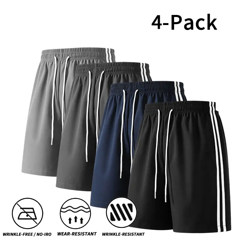 Men's 2/4 Pack Athletic Track Shorts with Side Stripes, Quick-Dry Summer Wear for Casual Sports with an Elastic Drawstring Waist