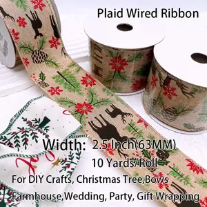 2.5 Inch, 10 Yards Christmas Ribbon Gifts Wrapping Ribbon Xmas Ribbon Home Decor for Cake Boxes Bouquet Hair Accessories Party Festival