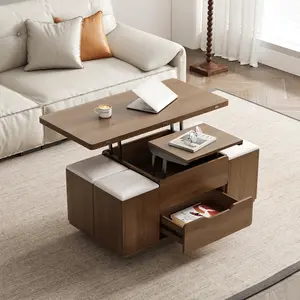 Homary 39" Lift-Top Foldable Walnut Coffee Table with 4 Stools & Storage