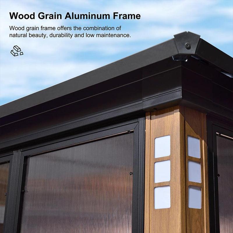PURPLE LEAF 12' x 20' Hardtop Gazebo For Patio | Screen House Wood Grain Aluminum Solarium Canopy