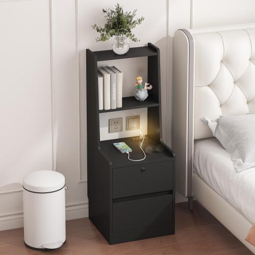 Modern Smart Nightstand with Night Light & Charging Station, Night Stand with Bookshelf, Lockable Bedside Cabinet Tables with 2 Storage Drawers for Bedroom Home Office (Black)