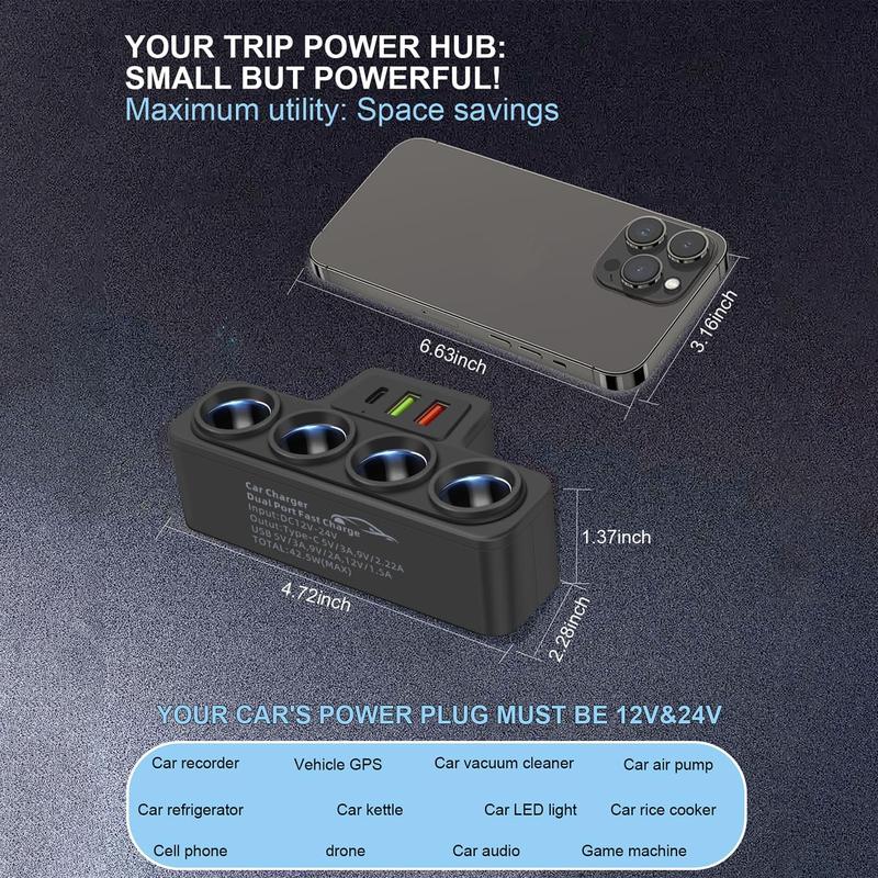 120W Multi-Function Cigarette Lighter Splitter, Cell Phone Car Charger, 4 Cigarette Lighter Sockets, 1 PD Fast Charger Port 2-Port USB Power Adapter for Cell Phones Adapter																	