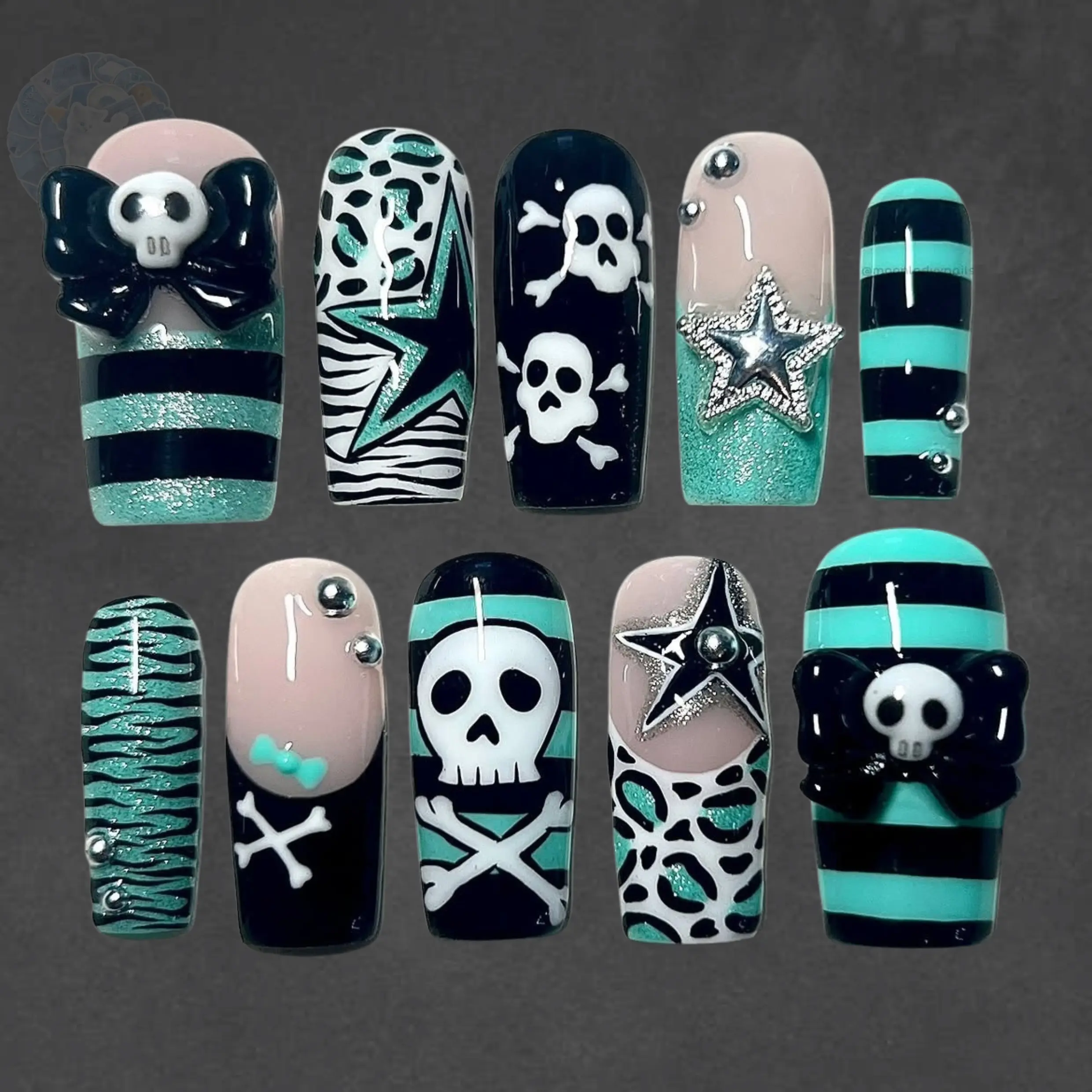 Cyan Skull Goth Press On Nails, Hand Painted Y2K Punk Nail Set with 3D Bow, Star Charm, Zebra Print & Striped Teal Black Fake Nails