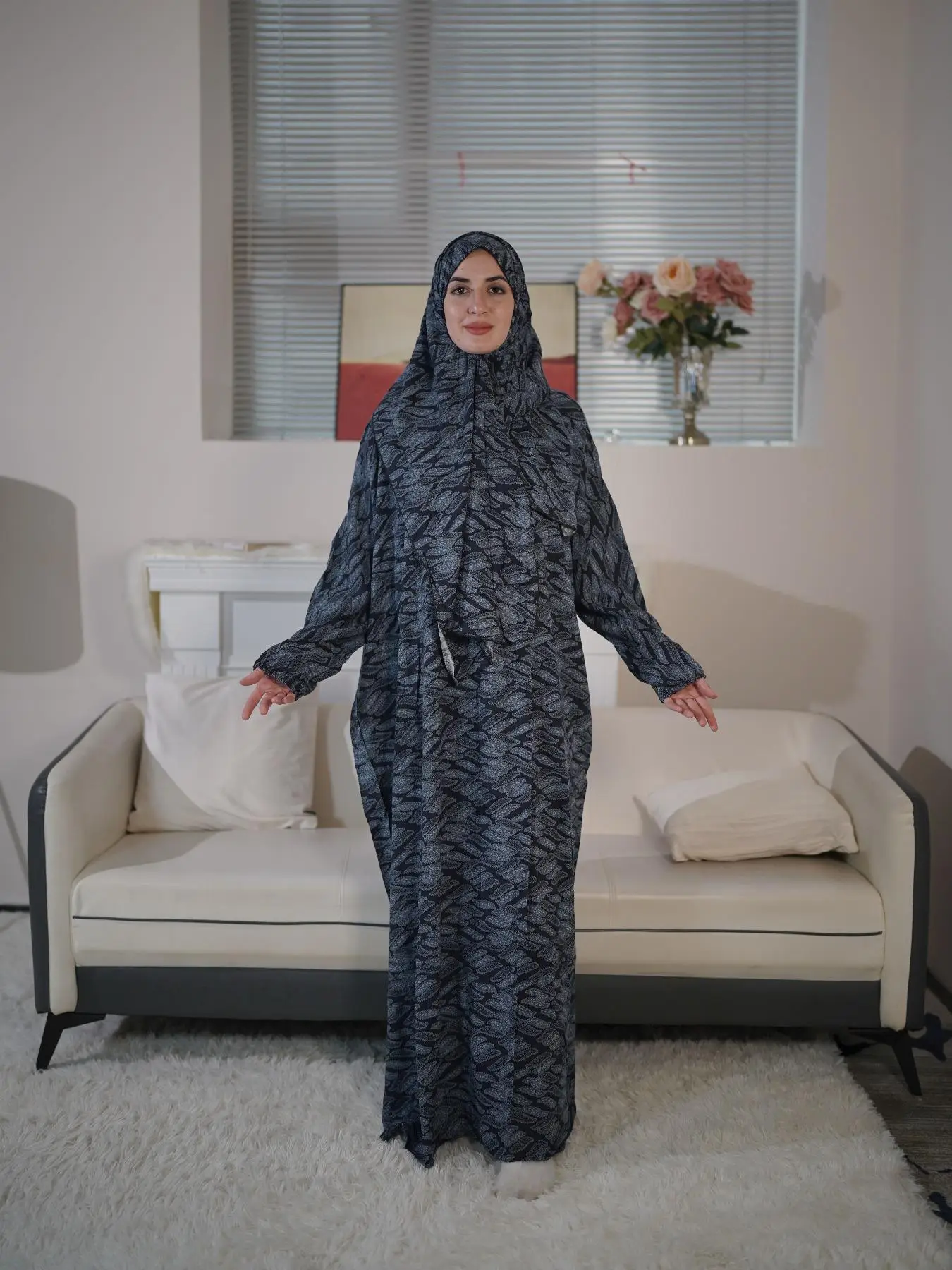 Women's All Over Print Long Sleeve Prayer Dress with Hijab, Modesty Elegant Bishop Sleeve Long Arabian Dress & Hijab, Muslim Clothing for All Seasons,