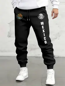 Men's Sporty Casual Pants, Casual Streetwear Trousers, Mexican Eagle Snake Flag Letter Print, Comfortable Daily Wear, Fitness and Urban Outing, All Seasons