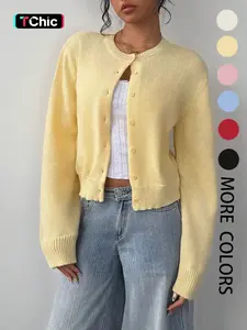 Women's Solid Color Button Front Sweater Cardigan, Casual Fitted Long Sleeve Knitting Knitwear for Fall & Winter, Women's Knit Clothing for Daily Wear