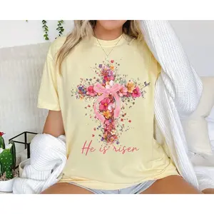 Easter He Is Risen Comfort Colors, Floral Cross Christian Shirt, Easter Jesus Tee, Faith Graphic Tee, Religious Spring Shirt, Christian Gift