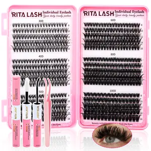 RITALASH 580/530Pcs Lash Clusters Kit with Bond & Seal 12 Styles Clusters Lashes Extension Volume Soft Eyelash Extension Kit 30D40D50D60D80D100D D Curl Cat Lash Wispy Natural DIY Individual Lash Clusters Kit for Beginners
