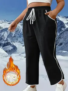 Women's Deep Wide Leg Pants, Plus Size Casual Long Trousers, Autumn Winter Fleece Lined Side Stripe Design