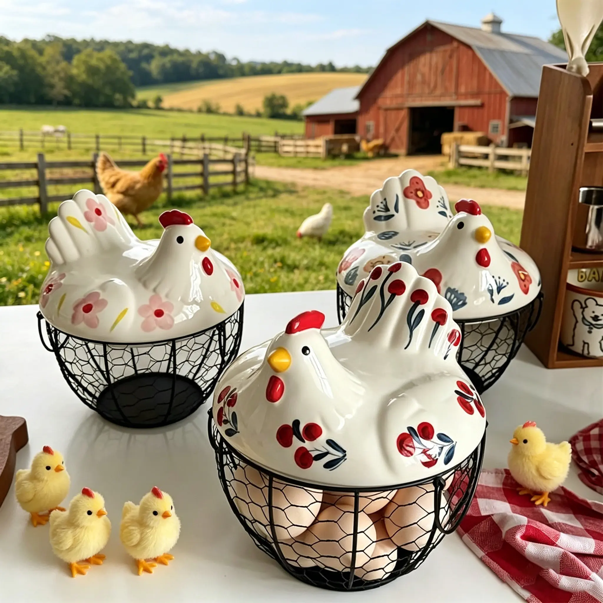 Ceramic Egg Basket with Metal Wire and Lid – Farmhouse Style Decorative Chicken Egg Storage, for Kitchen Counter Eggs, Fruits, Vegetables, dispenser rack – Ideal for Farmhouse Decor