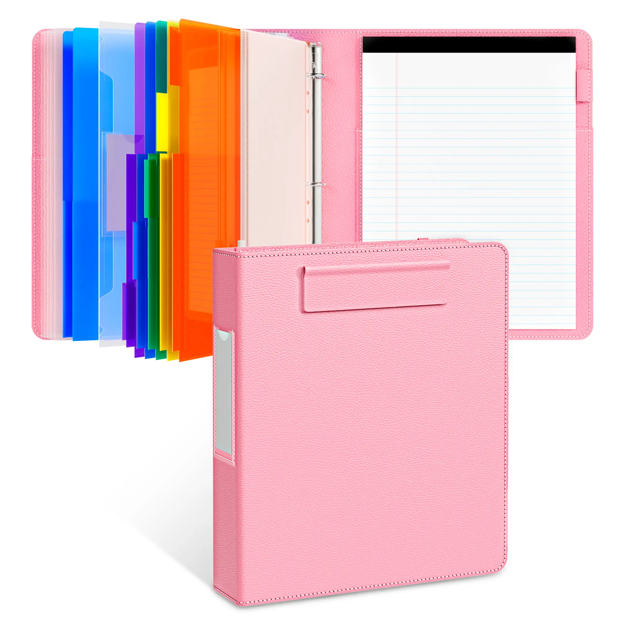 JoyCat PU Leather 3-Ring Binder Clipboard with Storage, Expanding File & 5 Expandable Folders, Magnetic Clip, Wear-Resistant Business Office Supply, Removable 11"x8.5" Lined Notepad, 12.4"x10.2", Luxe Lychee, Advanced Texture for Office Use