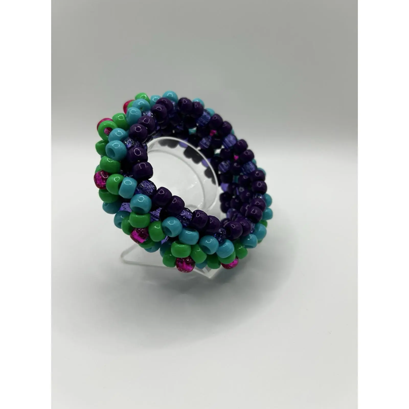 Purple Teal Green and Pink 3D Kandi Cuff - Colorful Beaded Bracelet for Women