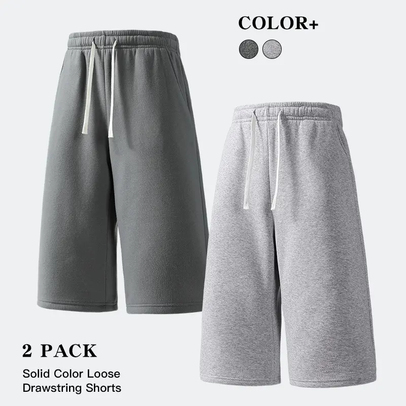 2 Pack Unisex Knee‑Length Capri Sweat Shorts Elastic Drawstring Wide Leg Cropped Lounge Shorts with Pockets for Gym Jogging Home Daily Street Wear