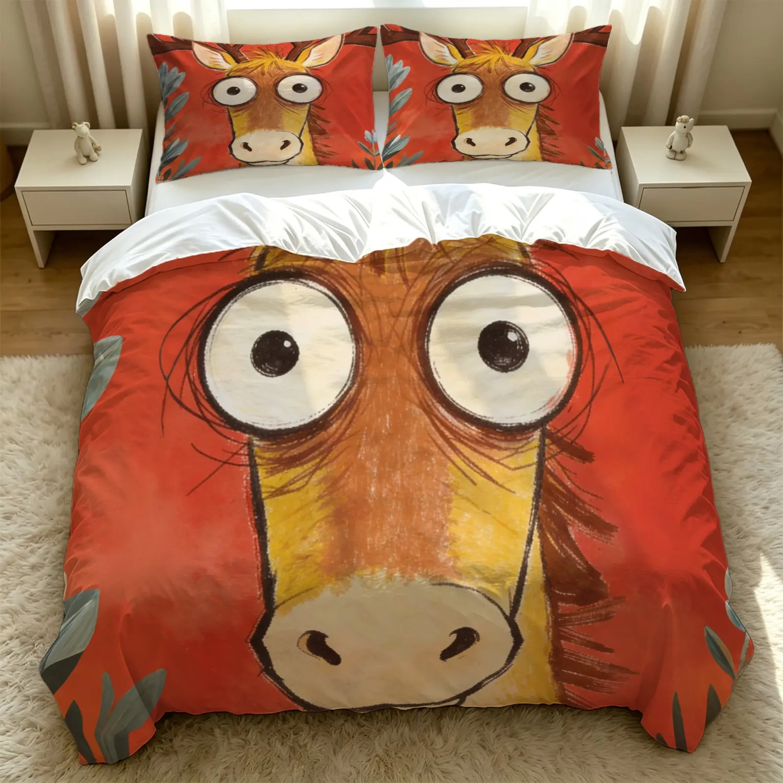 2/3PCS Funny Cartoon Big Head Animal Duvet Cover Set, Ultra Soft Microfiber Fabric, Zipper Closure & Machine Washable, for Bedroom Hotel Decor, Great Gift No Filler