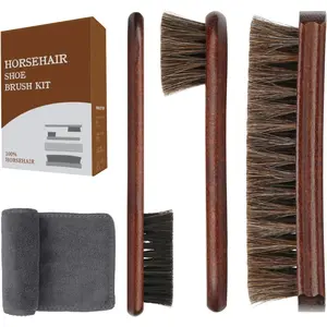 4-Piece 100% Horse Hair Shoe Brush Kit Premium Dauber Applicators Leather Care Cleaning Set with Polishing Brushes and Microfiber Cloth for Leather Suede Shoes Boots Bags Cars Cleaning Polishing