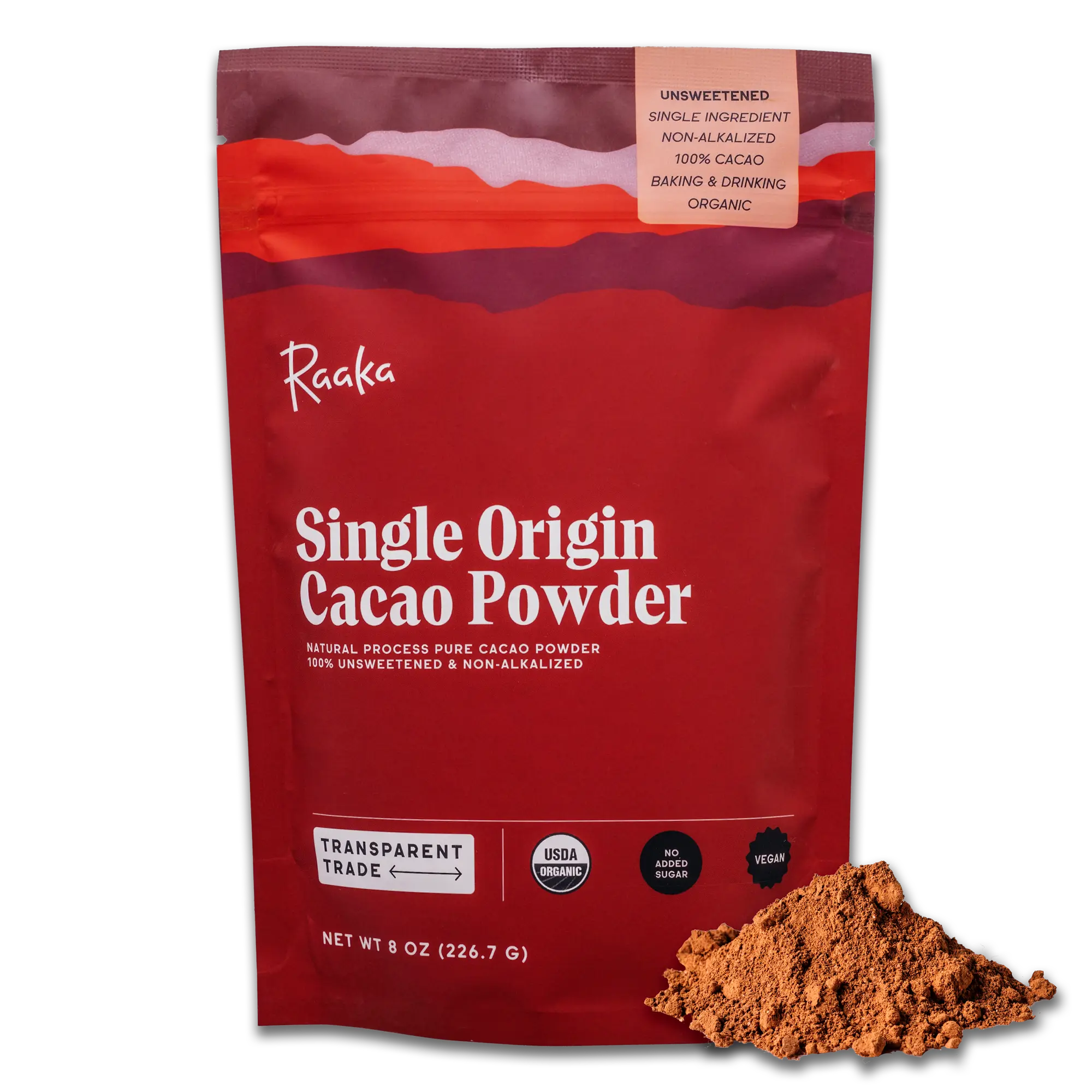 RAAKA Organic Cacao Powder - Single Origin, Non-Alkalized, USDA Certified, 8oz, Perfect for Baking & Beverage, Peru Origin, Allergen-Friendly - Chocolate