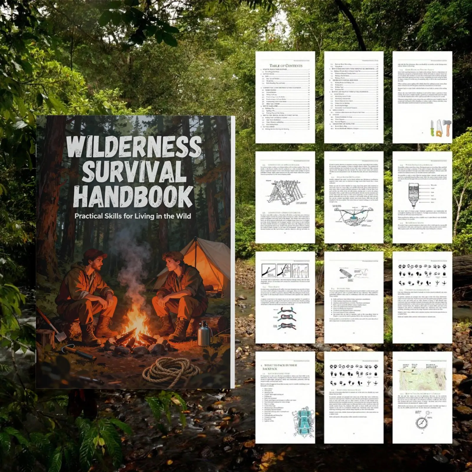 Wilderness Survival Handbook, Jungle Skills, Fire Starting, Shelter Building, Navigation & First Aid Guide, for Campers, Hikers, Scouts