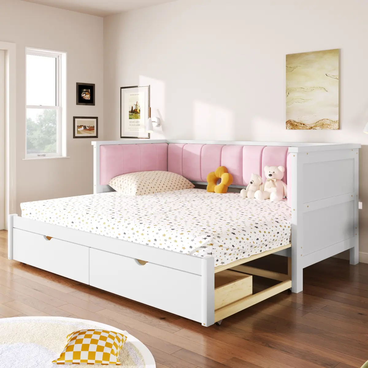 Twin XL to King Size Daybed with Two Storage Drawers and Upholstered Backrest, White+Pink