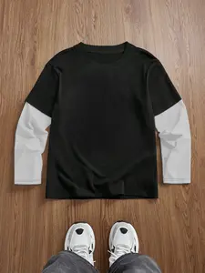 Men's Solid Color Round Neck Long Sleeve Tee, Casual Comfy Loose Fit T-shirt for Spring & Fall, Men's Top for Daily Wear