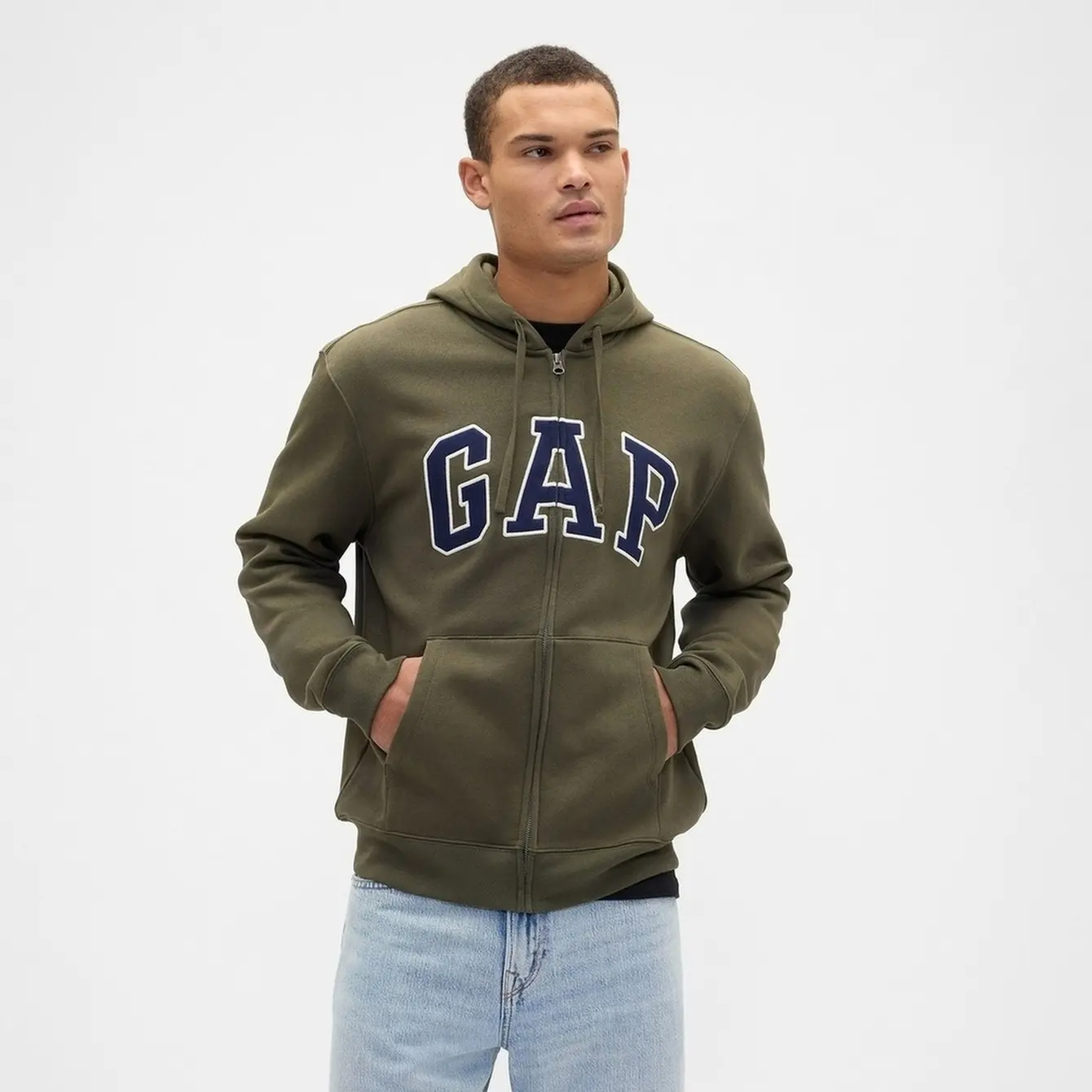 Men's Cotton Relaxed Gap Logo Zip Hoodie, Casual Hooded Sweatshirt