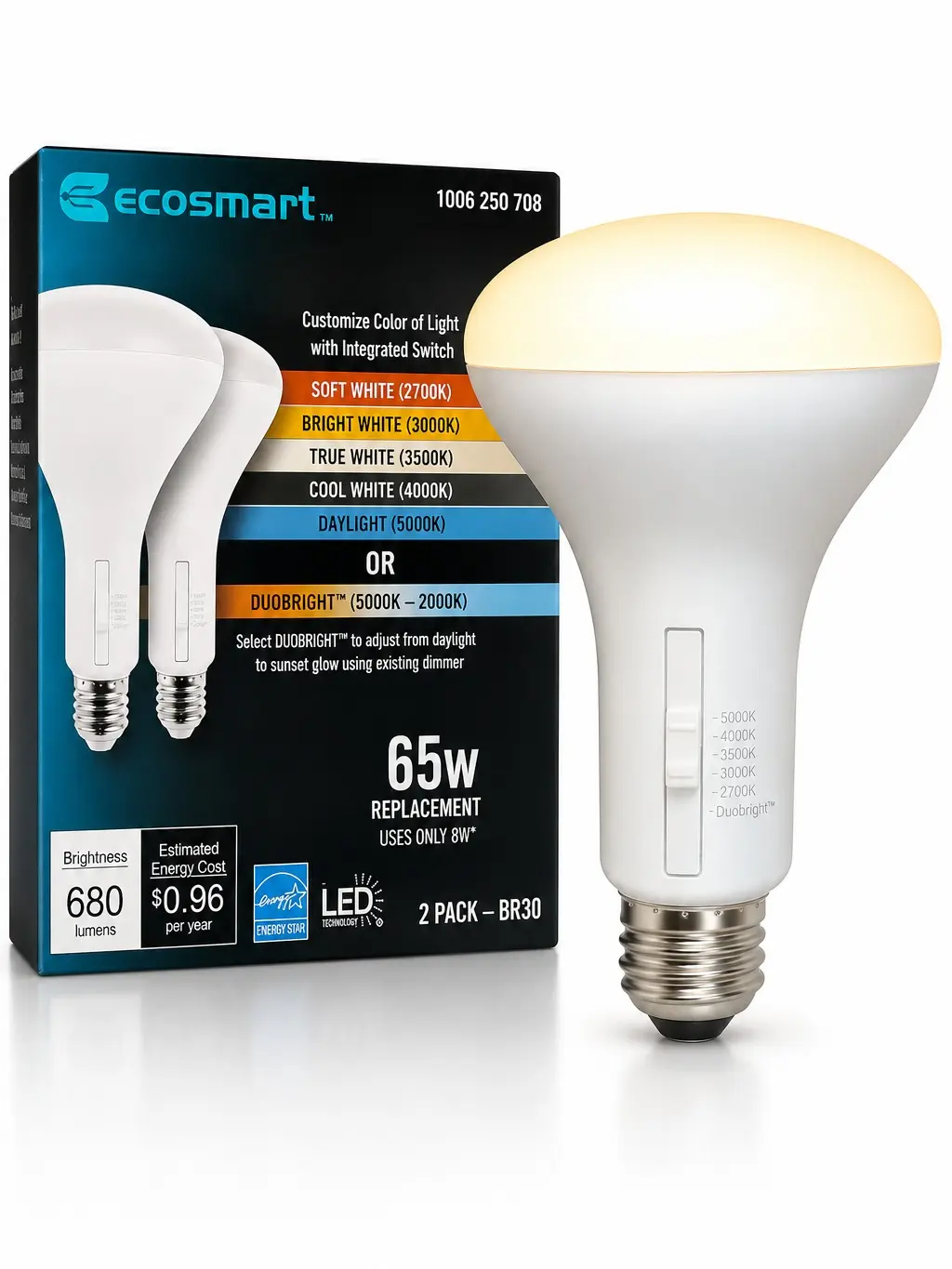 EcoSmart BR30 LED Bulbs 2-Pack, 65W Equivalent, 680 Lumens, 5 Selectable Color Temperatures, Dimmable, E26 Base, 8W Energy Saving
