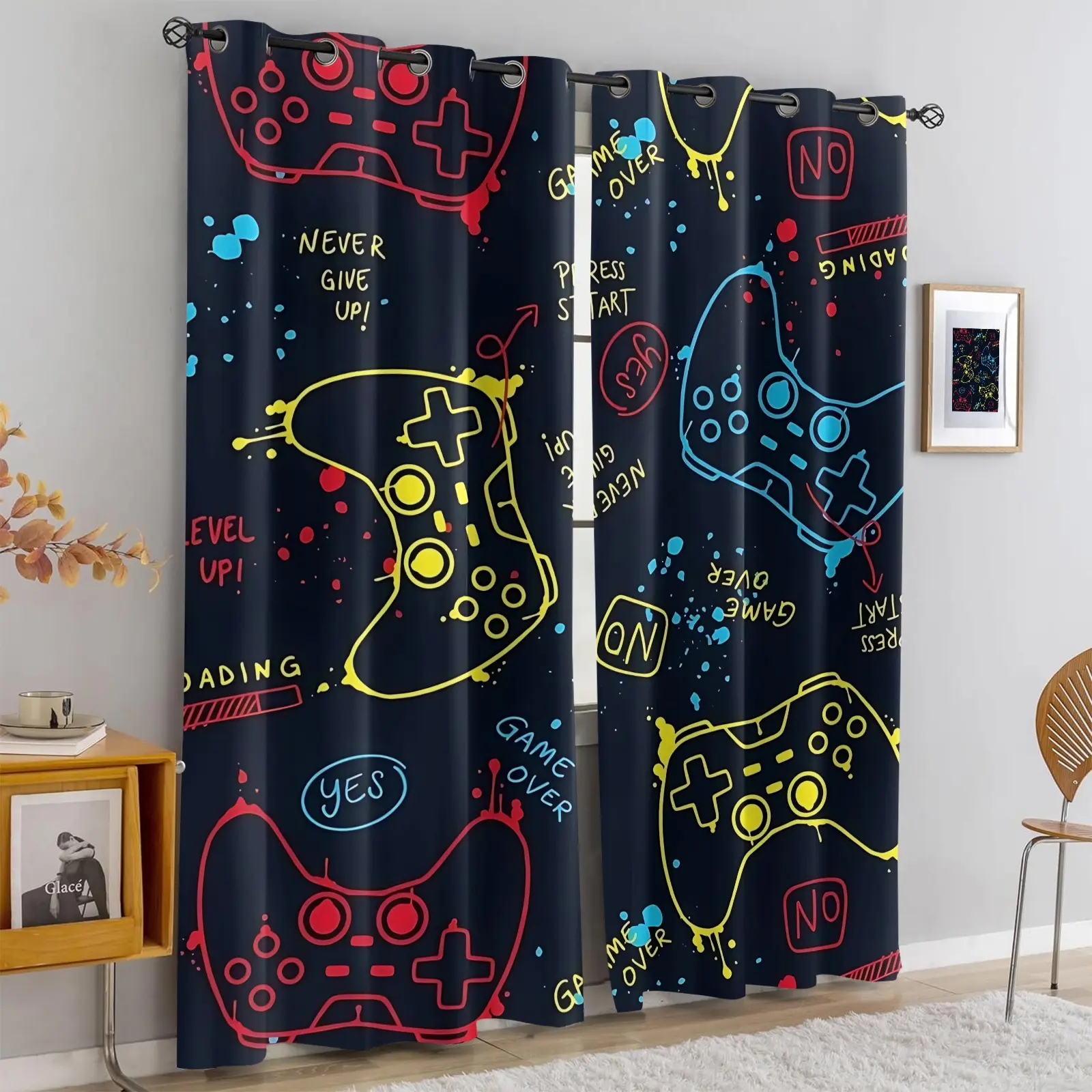 Gamer‑Style Decor Curtains Reducing Curtains, Room Darkening Privacy Window Drapes, Neon Game Controller & Quote Pattern Curtains for Man Cave, Gamer Den, Rec Room, Basement Lounge, Bar Decor, 2 Panels