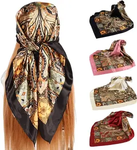 Women's 4-Pcs 35” Square Silk-Like Satin Scarves, Multi-Use Head Wrap & Neck Shawl