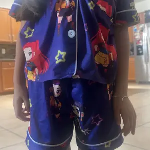 2-piece children's kpop cartoon character printed short sleeved shorts with soft collar, small pocket elastic waistband, daily casual sleepwear set, Cartoon Pattern Pajamas, Pajama Sets