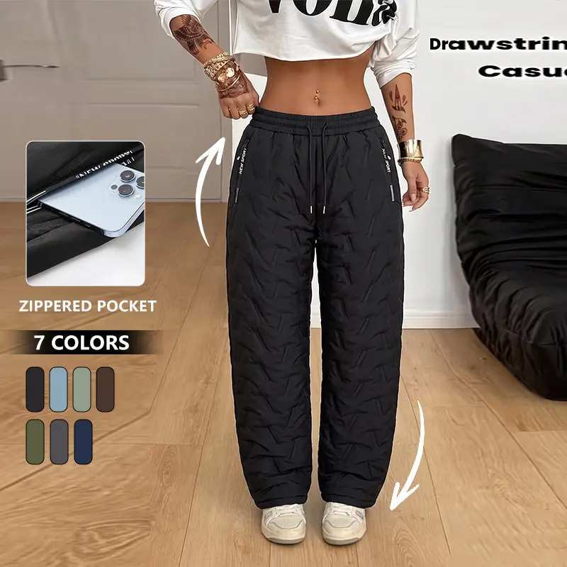 Women’s fleece-lined warm cotton pants with a drawstring elastic waistband and straight cut with quilted padding; women’s long pants featuring temperature-locking cold-resistant technology, suitable for skiing, snow activities, and outdoor hiking, ideal f