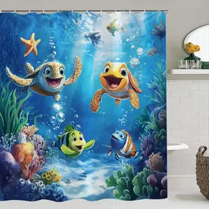 Cartoon Undersea World Pattern Bathroom Accessories, Printed Shower Curtain Set, 1 Shower Curtain & 1 Toilet Lid Cover & 1 Rectangular Mat & 1 U-shaped Mat, Bathroom Decor Supplies