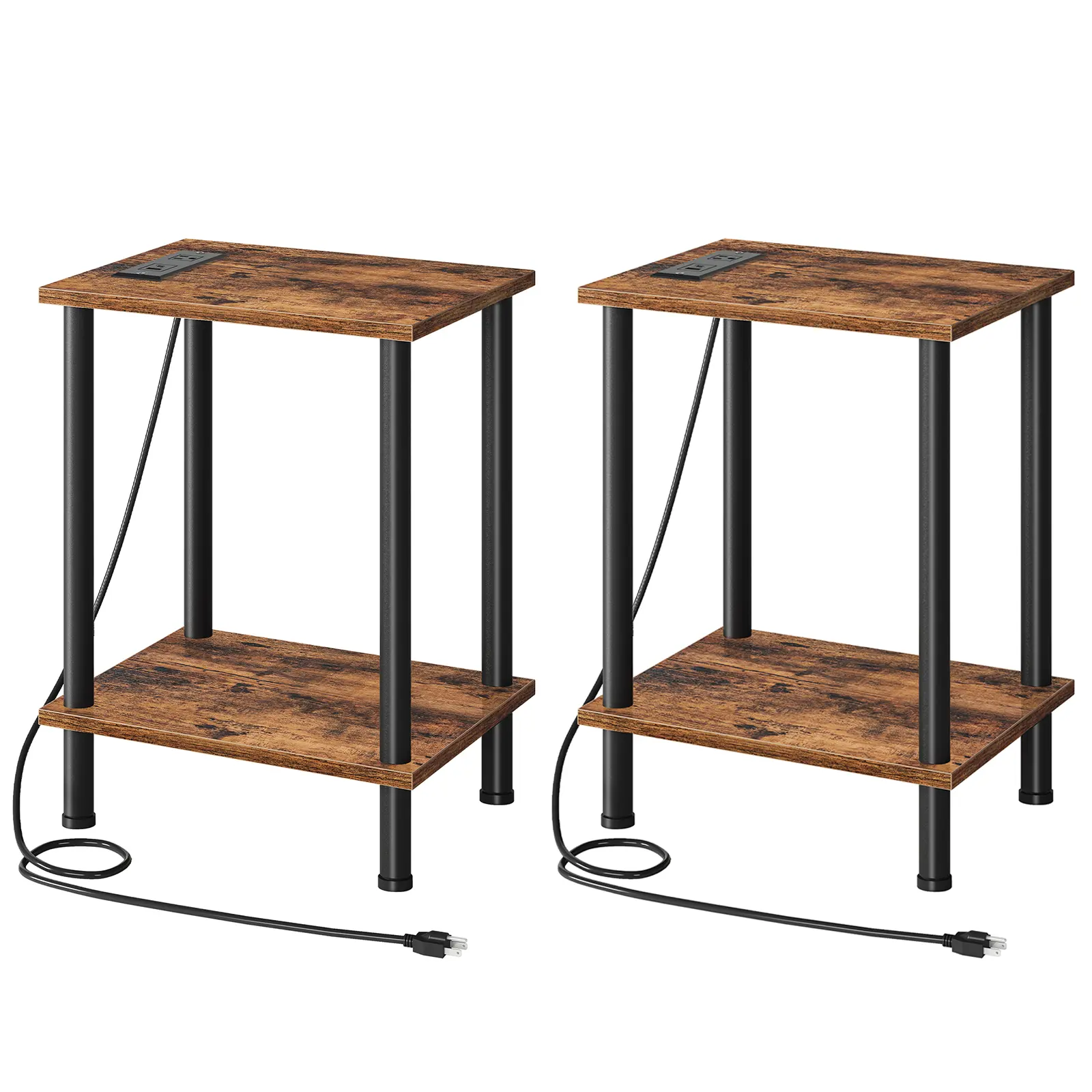 HOOBRO Set of 2 End Table with Charging Station, Side Tables with USB Port and Outlets, Nightstand with 2-Layer Storage Shelves for Small Spaces, Living Room, Bedroom, Rustic Brown #SummerVibes