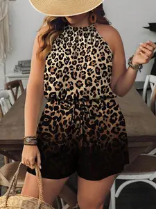 [HILLAR] Plus Size Women Vintage Ombre Leopard Print Casual Elegant Jumpsuit, Women Summer Clothing Spring