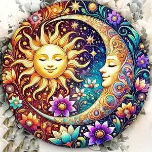 Retro round metal wall art featuring sun and moon floral patterns, made of durable and waterproof iron material, suitable for decoration in homes, bars, cafes, and garages.