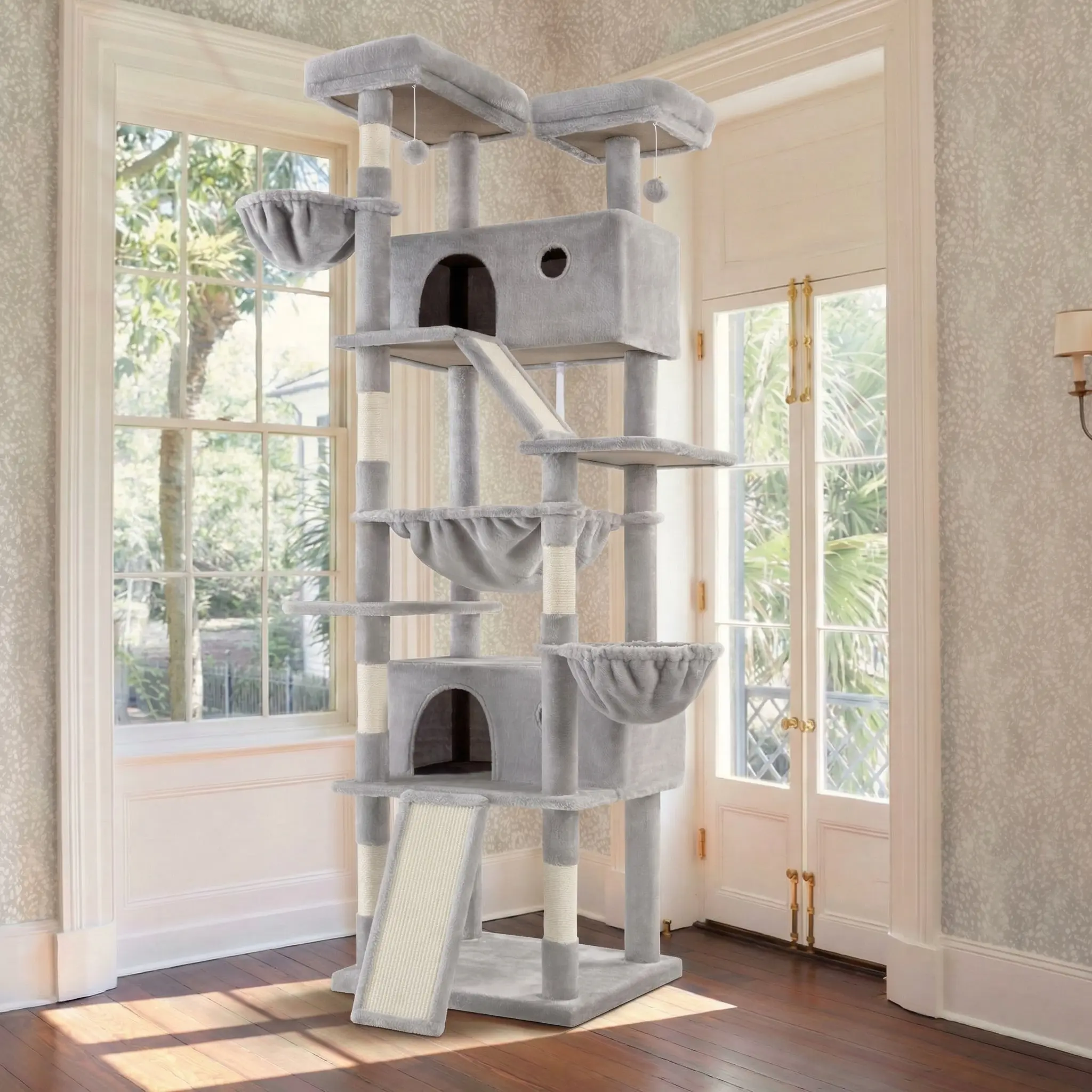 HOOMIC 81in Large Cat Tree Tower, Multi-Level Climbing House with Condo, Hammock & Scratching Post, Wide Base for Big Felines, Grey/Beige/Dark Blue/Pink/Leopard Print/Black Dots#TikTokShopDealsforYouDays#DealsforYouDays#Summervibes#Summergarden