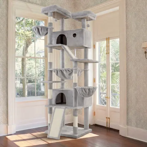 HOOMIC 81in Large Cat Tree Tower, Multi-Level Climbing House with Condo, Hammock & Scratching Post, Wide Base for Big Felines, Grey/Beige/Dark Blue/Pink/Leopard Print/Black Dots