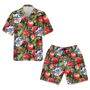 Mens Red Apple Fruit Hawaiian Shirt And Shorts Set | Vintage Apple Beer Graphic Matching Outfits | 2 Piece Summer Beach Vacation Suit