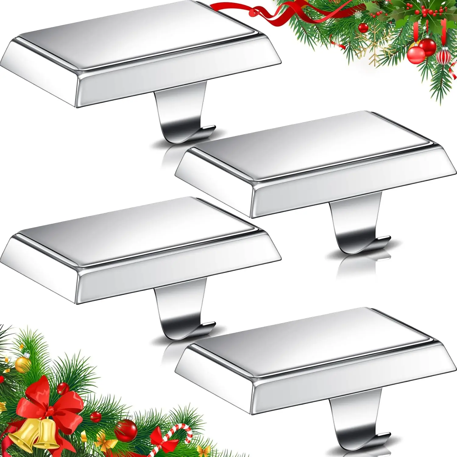 Christmas Stocking Holders for Mantle Weighted Stocking Holder Fireplace Hangers for Xmas Holiday Party Decoration (Stainless Steel,Silver,4 Pcs)