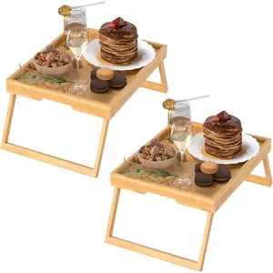 2 Pack Bed Tray Table with Foldable Legs, Bamboo Breakfast Tray for Sofa, Beds, Eating, Working, TV Table, Food, Dinner, Computer Trays, Laptop Desk Snack Folding Trays in Bed, Brown