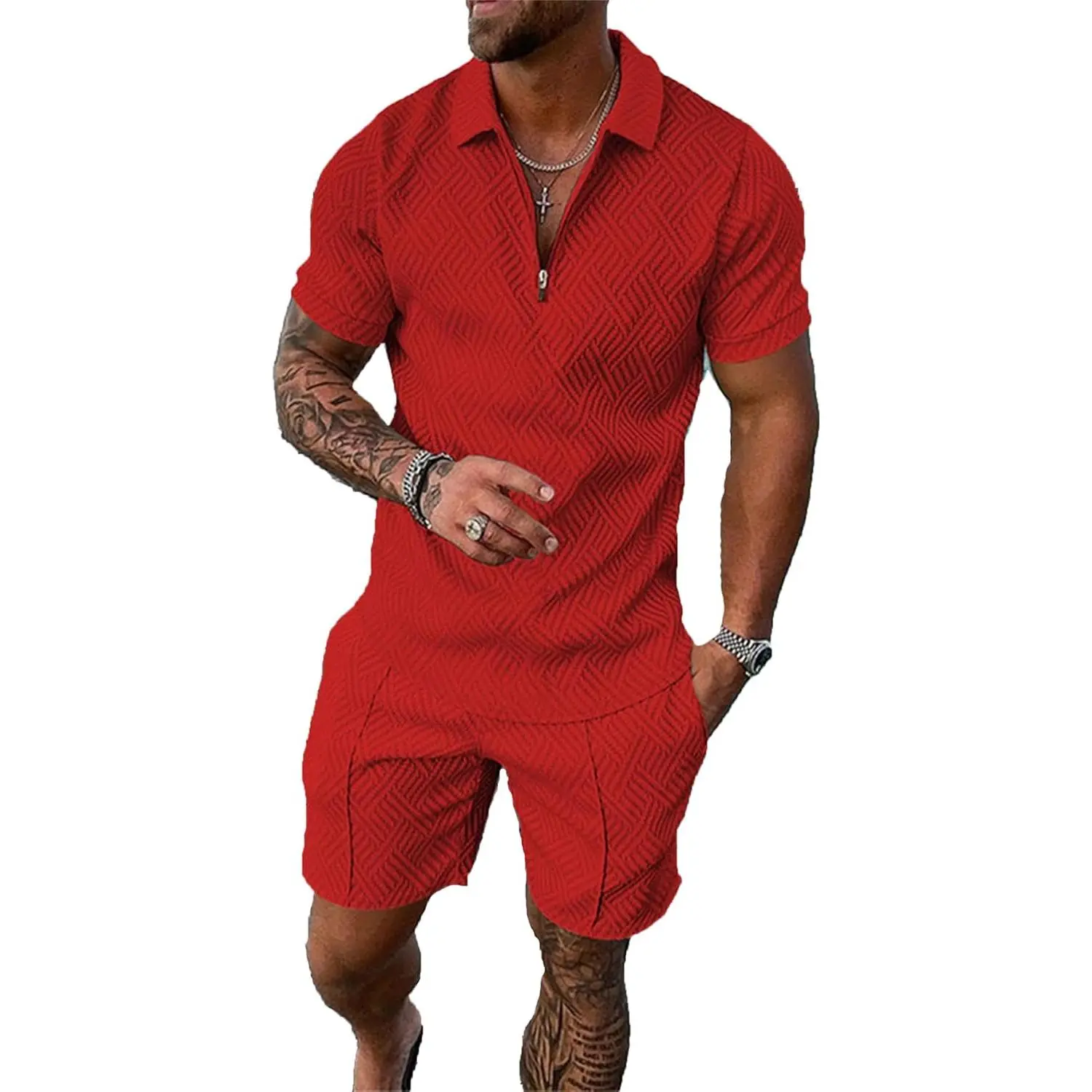 Men's 2 Piece Tracksuit with Graphic Print, Breathable Short Sleeve Polo Shirt & Shorts Set, Casual Menswear with Elastic Waist, Silky, Sweat, Athletic, Sweatshirt, Stylish, Zipper