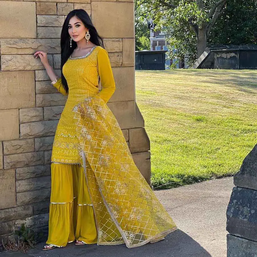 DESIGNER WEAR PARTY LOOK FAUX GEORGETTE WITH EMBROIDERY WORK TOP AND SHARARA