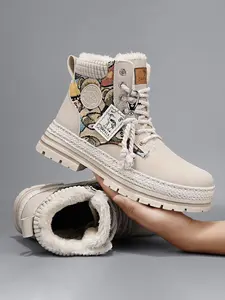 Men's Winter High-Top Snow Boots, Lace Up Boots, Fleece Lined Warm Cotton Shoes, Thick Sole Comfortable Casual Sneakers, British Style Sporty Footwear