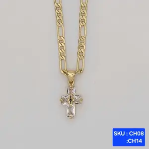 Cross Clear Stones and Chain 24 & 18 Inches 3.5 Millimeters Laminated Gold for Baptism and Communion SKU CH08 CH14