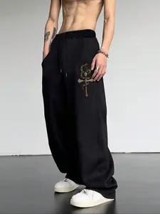 Men's Casual Sporty Long Pants, Snake Cross Pattern Print, Drawstring Wide Leg, All Season Loose Fit, Men's Fashion Clothing, Casual Sweatpants, Athleisure Style Bottoms